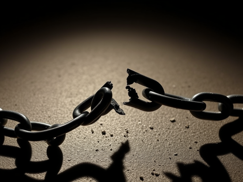 Broken black chain links on a rough surface under dramatic lighting.