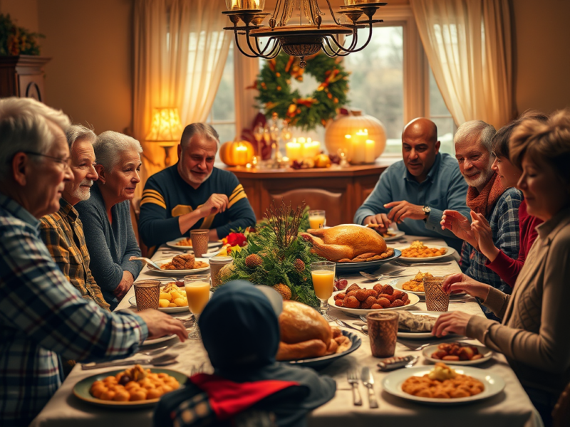Family gathered around a Thanksgiving dinner table with turkey, candles, and warm festive decor.