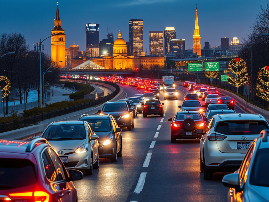Evening traffic congestion on a city bridge with illuminated skyline and glowing church towers.