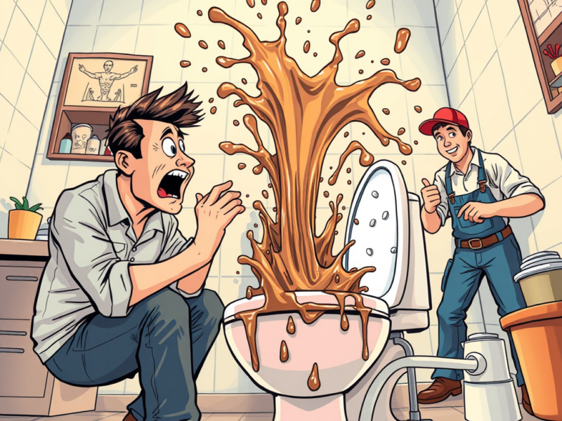Man recoils in shock as a toilet erupts with brown liquid while a plumber stands nearby smiling
