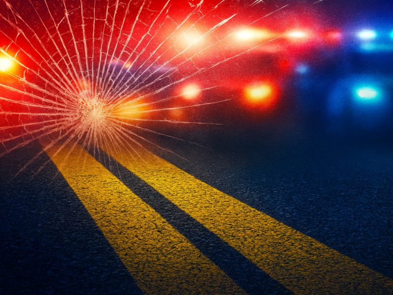 Cracked windshield on a road with blurred police lights and double yellow lines at night.