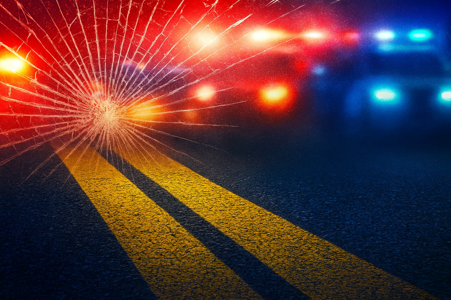 Cracked windshield on a road with blurred police lights and double yellow lines at night.