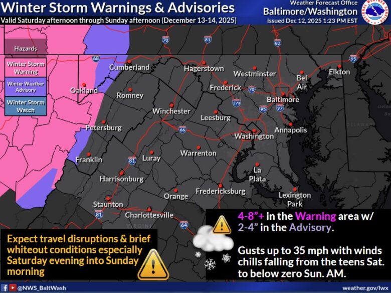 Weather map of Baltimore/Washington showing winter storm warnings and advisories with travel hazard alerts.