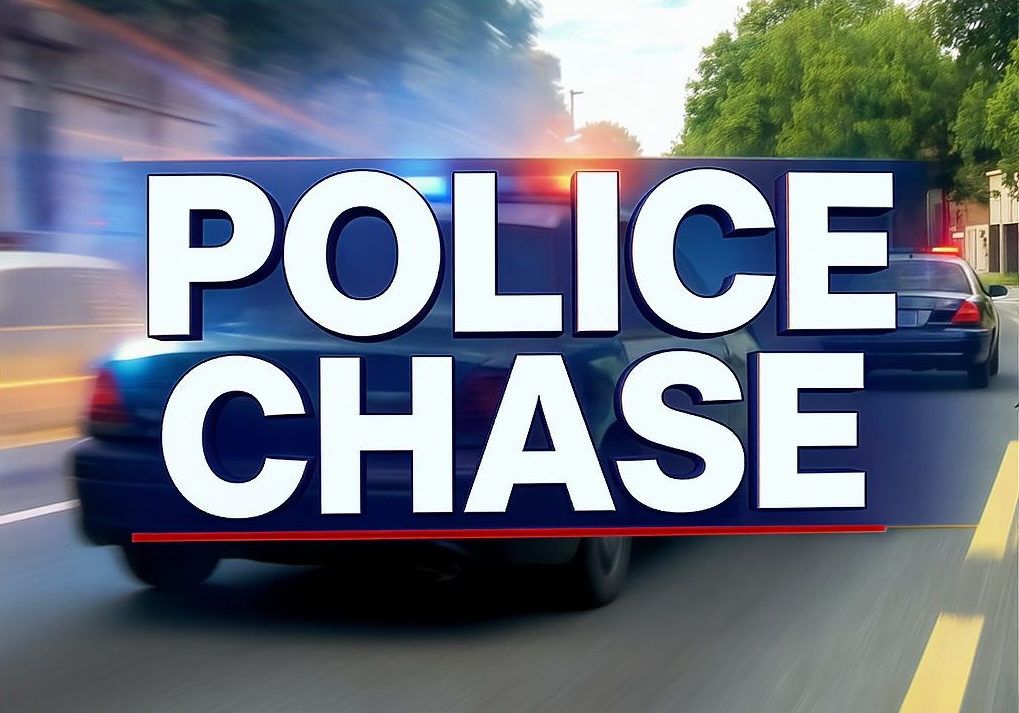 Police cars racing down a road with large chase text overlaid.