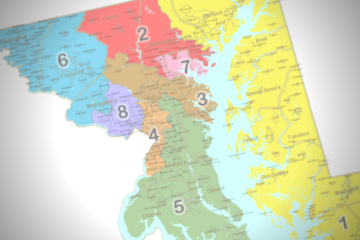 Close-up of a colorful numbered map with districts and roads