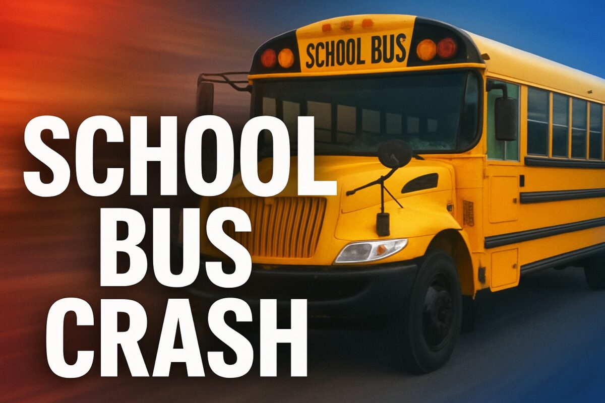 School bus crash headline beside a yellow bus against a smoky sunset background.