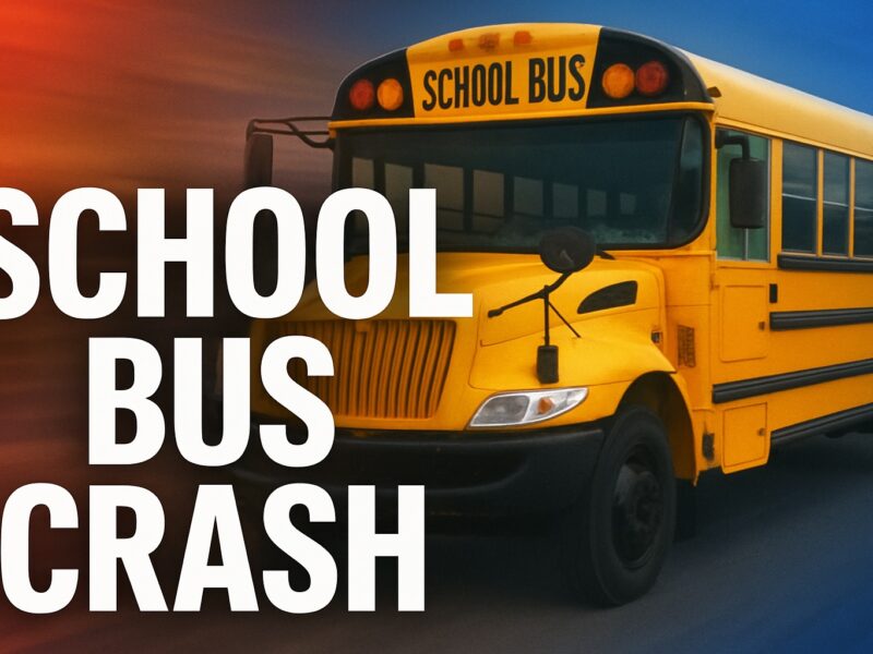 School bus crash headline beside a yellow bus against a smoky sunset background.