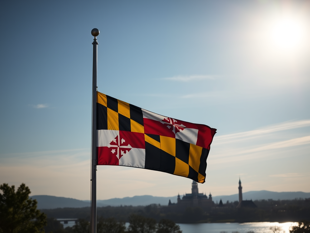Maryland state flag waves on a pole at sunset with a distant landmark and water in the background.