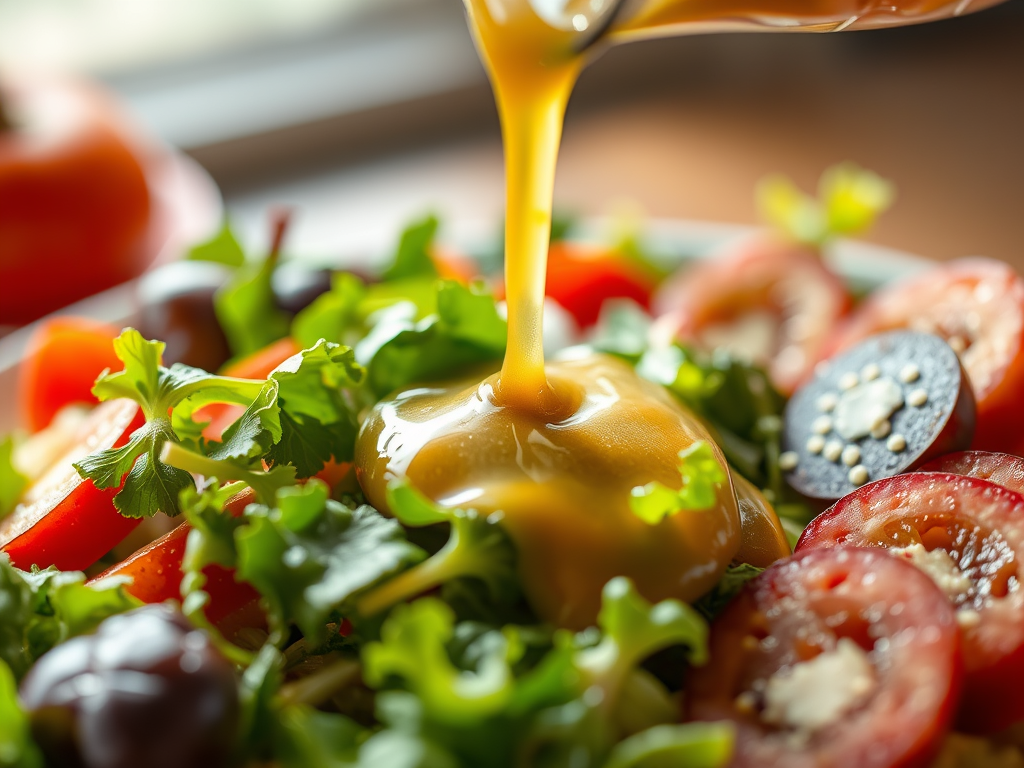 Salad with greens, tomatoes, olives, and a glossy dressing being poured over the center