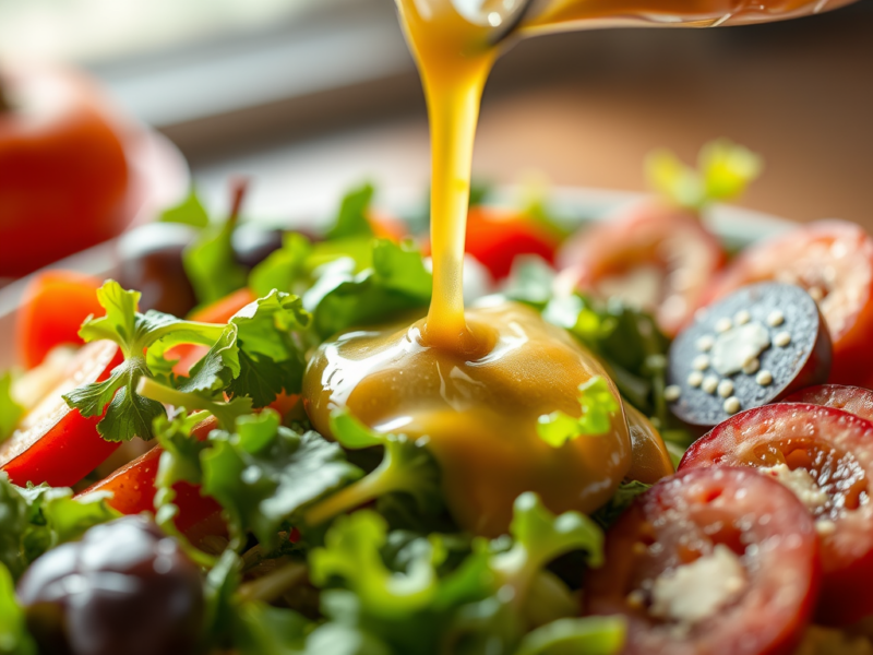 Salad with greens, tomatoes, olives, and a glossy dressing being poured over the center