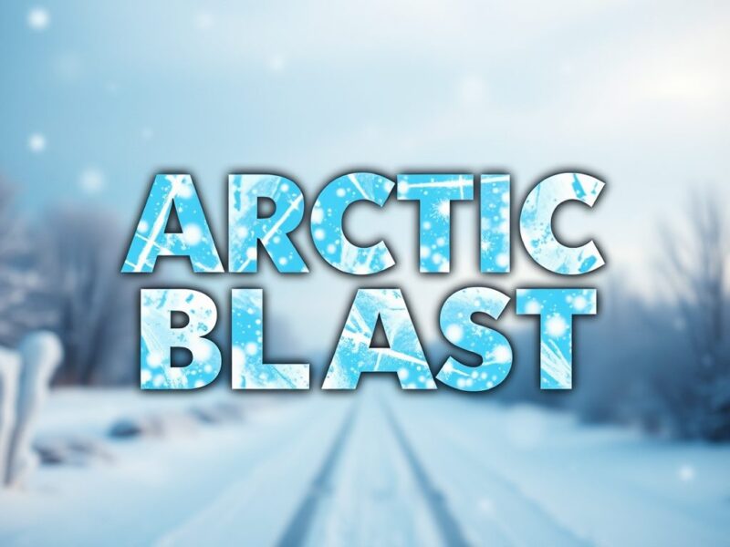 Arctic Blast text over a snowy winter road with icy blue tones.