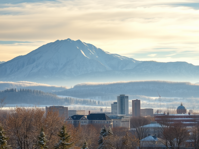Snowy mountain rises above a city skyline with misty hills and winter trees at dawn.
