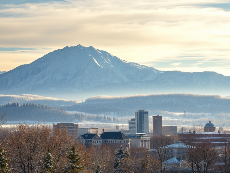 Snowy mountain rises above a city skyline with misty hills and winter trees at dawn.