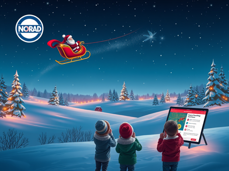 Santa in a sleigh flies across a snowy night sky above children using a tablet and display.