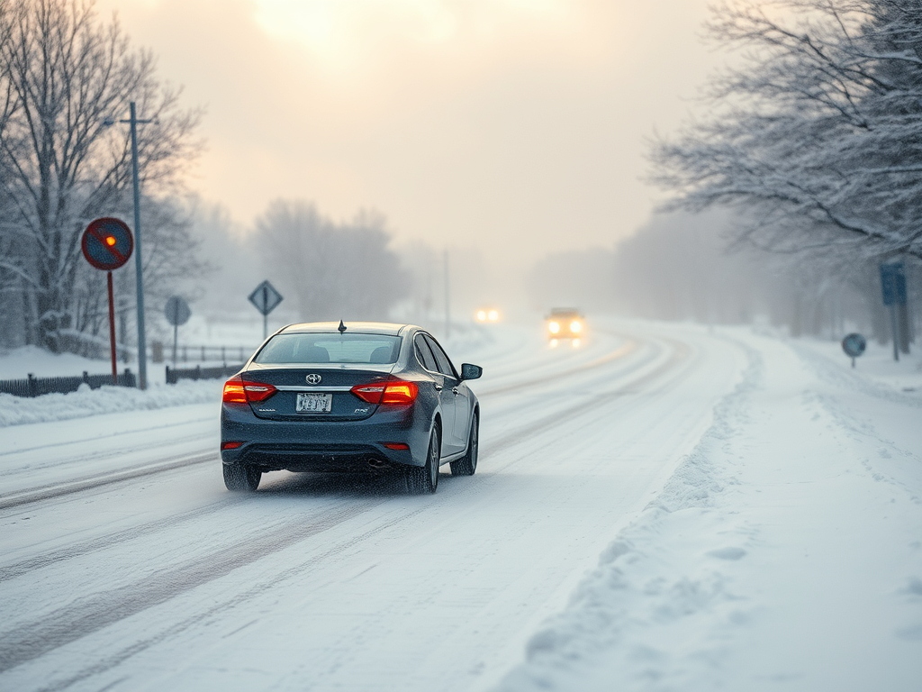 Sedan drives along a snowy road in foggy winter conditions at dusk.
