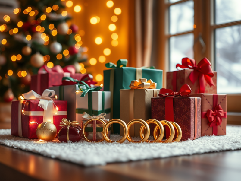 Wrapped Christmas presents and gold ornaments beside a decorated tree in warm holiday lights.