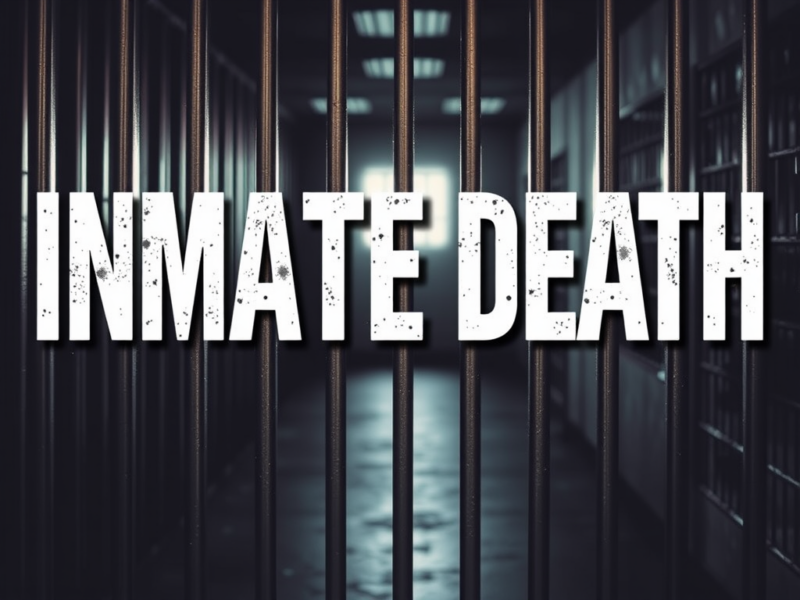 Bold "INMATE DEATH" text over a dim prison corridor with jail bars in the foreground.