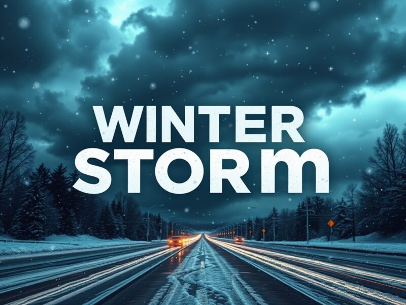 Snowy highway at night under dark storm clouds with large "WINTER STORM" text overlay.