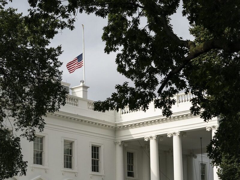White House exterior framed by tree branches with an American flag flying above the roof.
