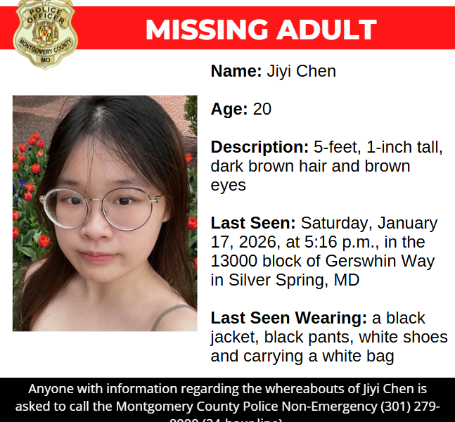 Missing adult poster for Jiyi Chen with a portrait, description, last seen details, and police contact information.