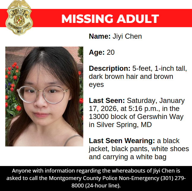 Missing adult poster for Jiyi Chen with a portrait, description, last seen details, and police contact information.