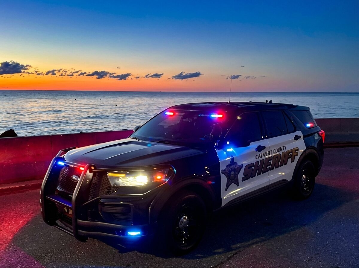 Sheriff SUV with flashing lights parked by the waterfront at sunset.