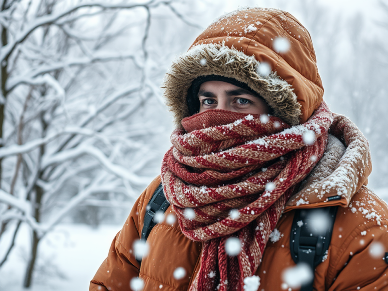 Person bundled in a fur-trimmed hood and red scarf standing in falling snow.