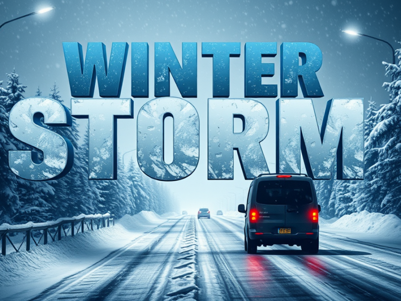 Winter storm graphic over a snowy road with vehicles driving through falling snow.