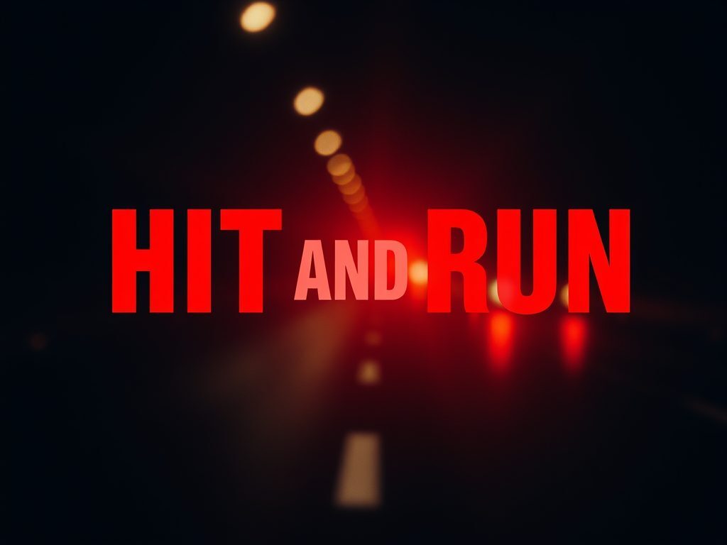 Red title text reading “HIT AND RUN” over a blurred nighttime road with lights
