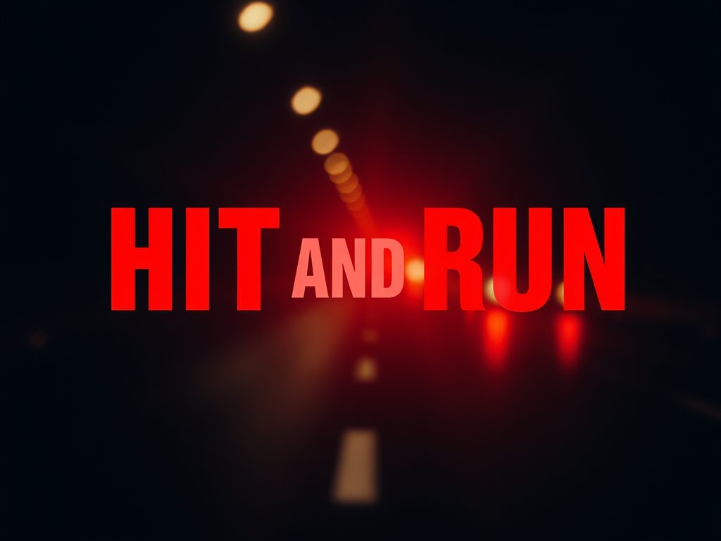 Red title text reading “HIT AND RUN” over a blurred nighttime road with lights