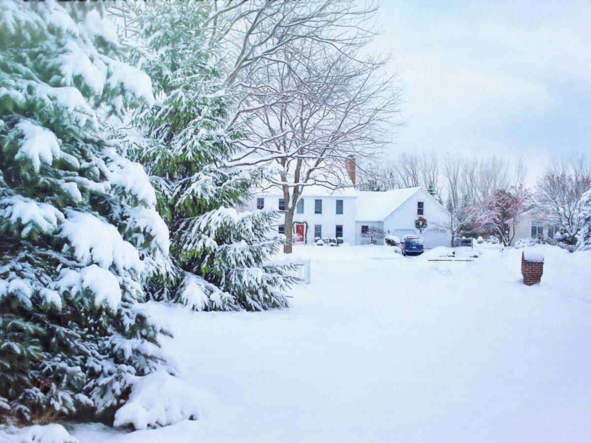 Beautiful snowy neighborhood with frosted trees and a cozy house in winter.