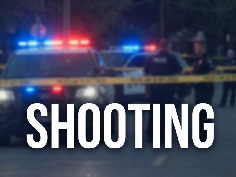 Blurred police cars and officers behind crime scene tape with the word shooting overlaid