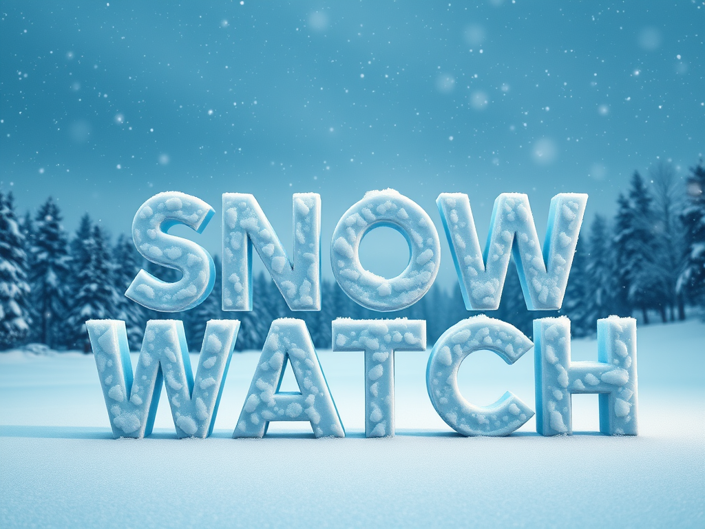 Icy 3D letters spelling snow watch against a snowy forest backdrop.