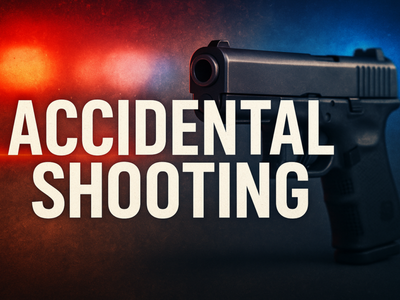 Bold text reading "ACCIDENTAL SHOOTING" beside a handgun lit by red and blue lights.