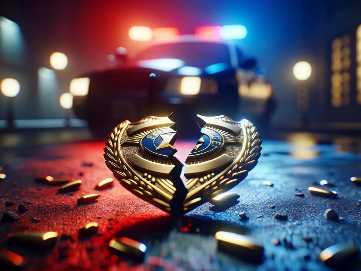 Broken police badge on a wet road with blurred flashing patrol lights in the background.