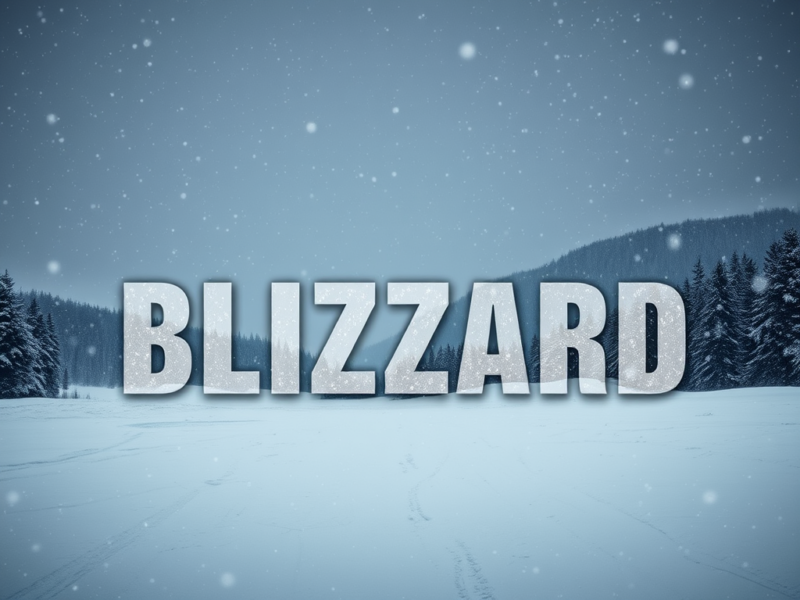 Bold blizzard text over a snowy winter landscape with falling snow and pine trees.