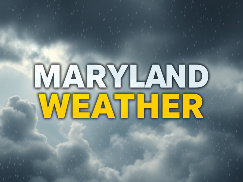 Maryland weather headline over dark storm clouds and rain