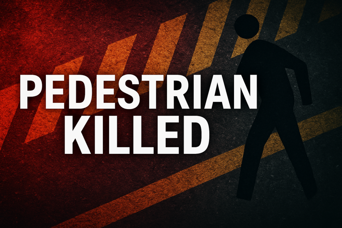 Bold text reading "PEDESTRIAN KILLED" over a dark graphic with a walking figure and road markings.