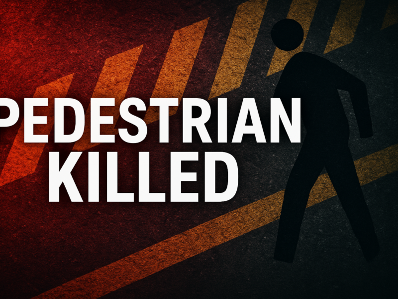 Bold text reading "PEDESTRIAN KILLED" over a dark graphic with a walking figure and road markings.