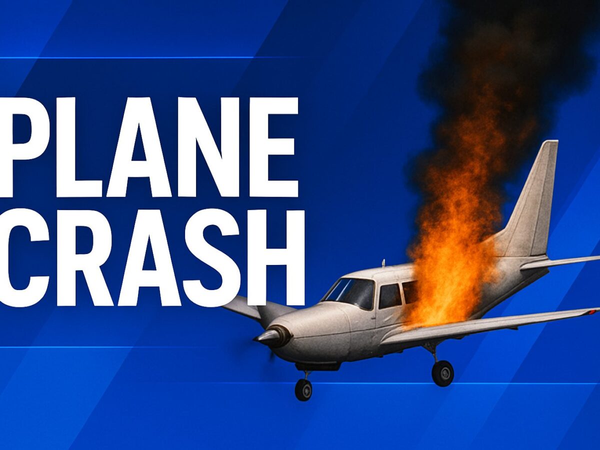 Small airplane engulfed in flames beside bold text reading plane crash on a blue background.