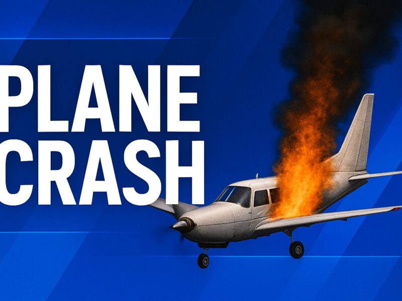 Small airplane engulfed in flames beside bold text reading plane crash on a blue background.