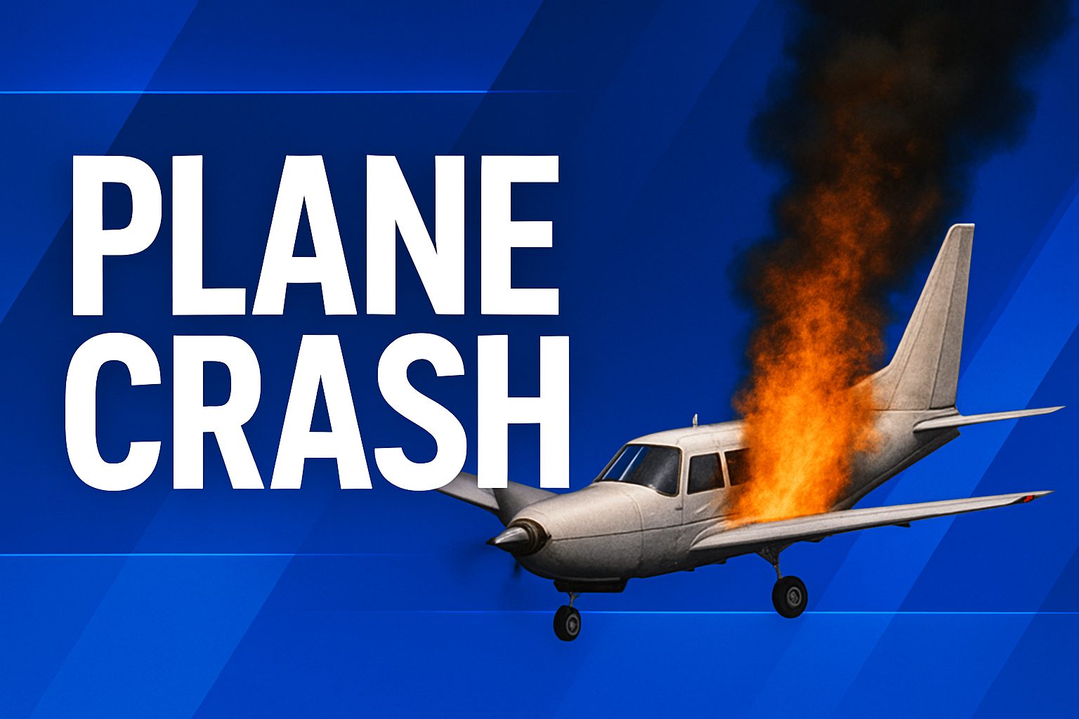 Small airplane engulfed in flames beside bold text reading plane crash on a blue background.