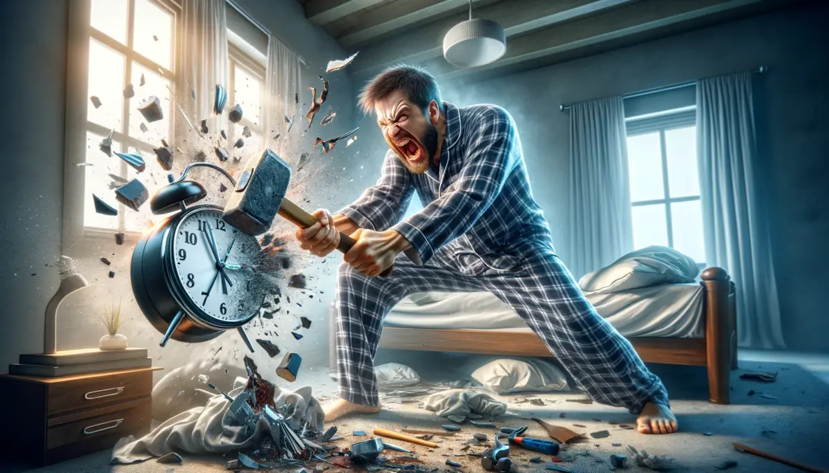 Angry man in plaid pajamas smashes a large alarm clock in a messy bedroom.