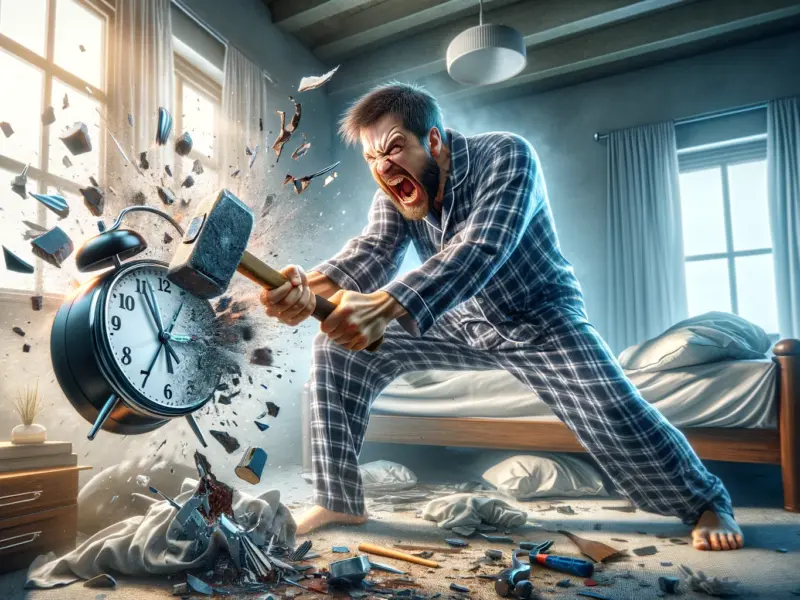 Angry man in plaid pajamas smashes a large alarm clock in a messy bedroom.