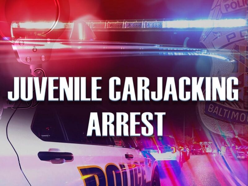 Police car with flashing lights and bold text reading juvenile carjacking arrest.