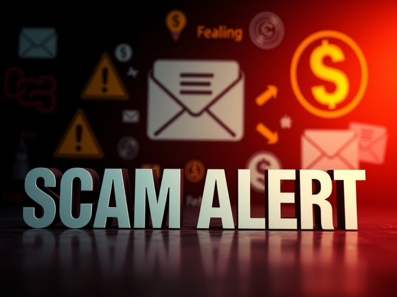 Bold “SCAM ALERT” text with warning icons and email symbols on a dark red background