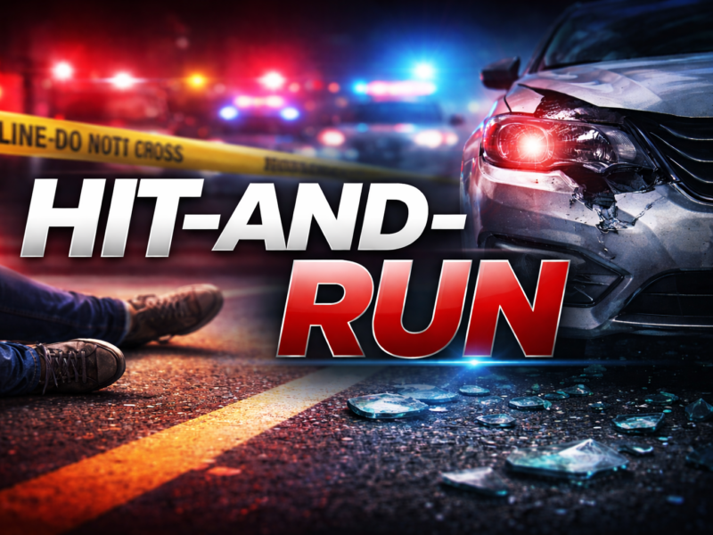 Hit-and-run crime scene with police lights, a damaged car, and shattered glass on the road.