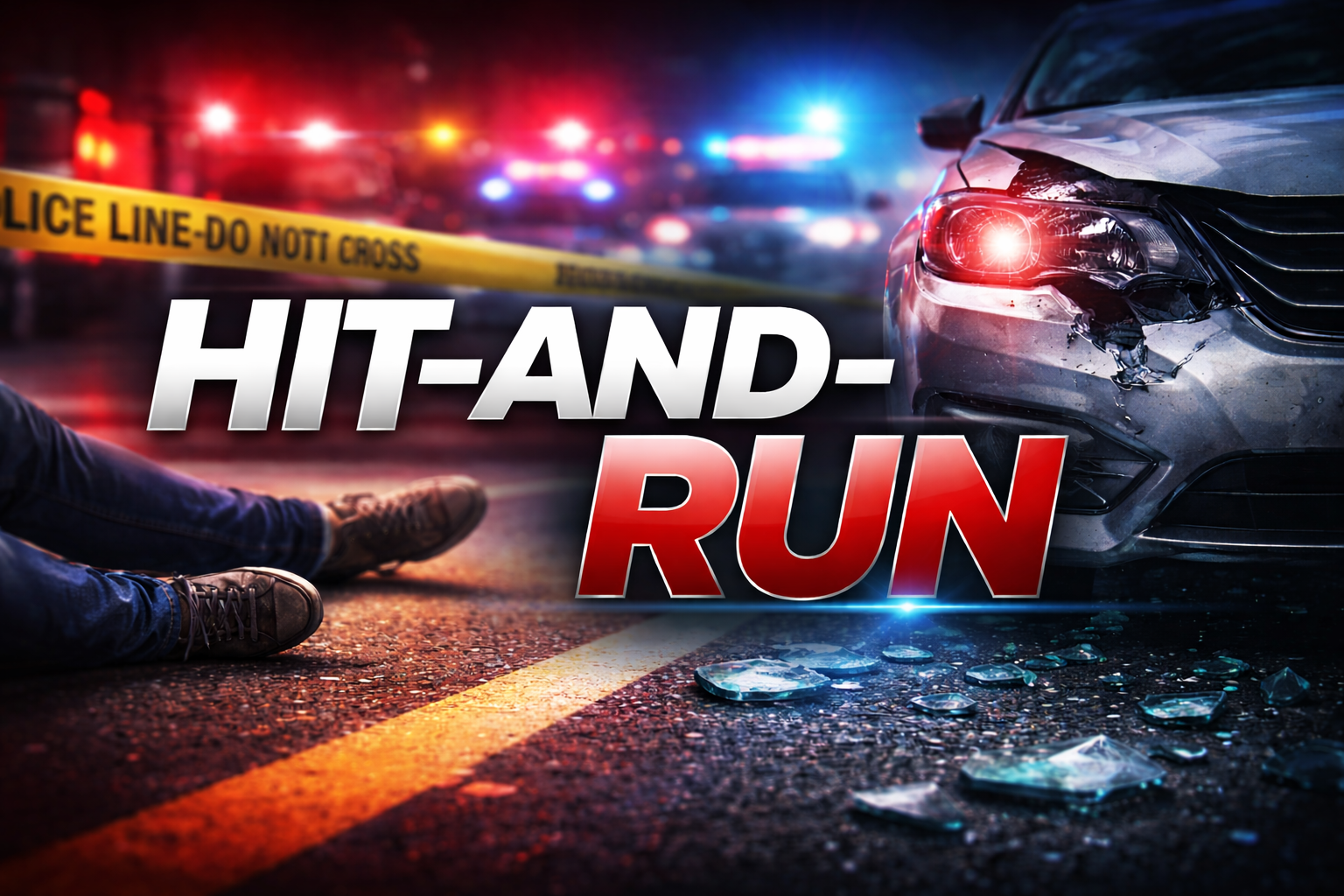 Hit-and-run crime scene with police lights, a damaged car, and shattered glass on the road.