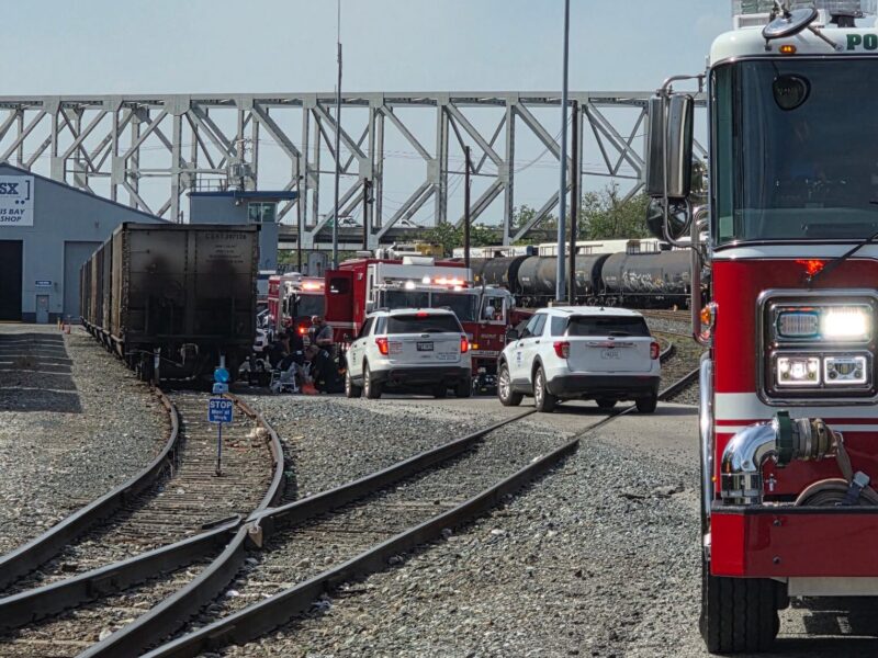 Fire trucks and emergency vehicles respond beside railroad tracks under a bridge.