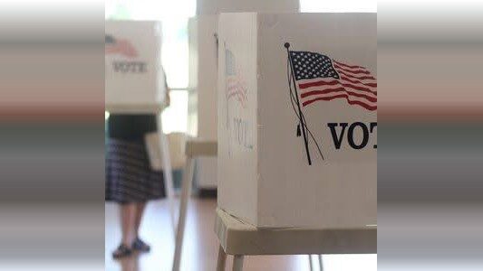 Voting booths with American flags in a polling place, with one person blurred in the background.